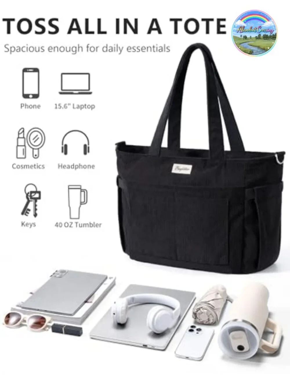 Corduroy Tote Bag for Women, 17 Pockets, Laptop 15.6